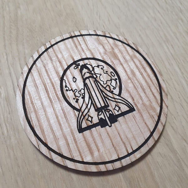 Laser cut wooden coaster personalised. Ellie Space Shuttle pin