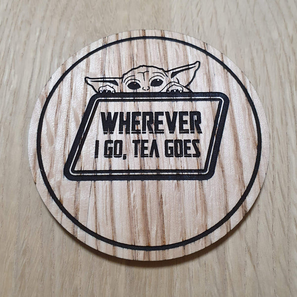 Laser cut wooden coaster personalised. The Child Tea Pun