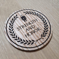 Laser cut wooden coaster personalised. Gladiator Strength and Honor Honour