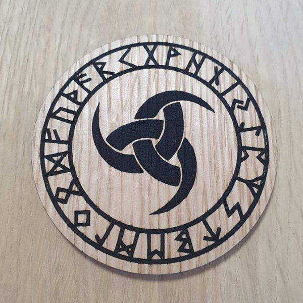Laser cut wooden coaster personalised. Horns of Odin with Runes Nordic Viking symbol