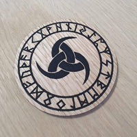 Laser cut wooden coaster personalised. Horns of Odin with Runes Nordic Viking symbol