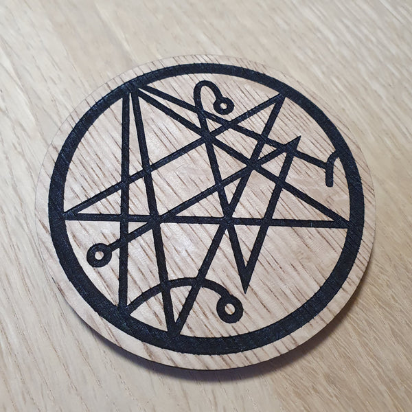Laser cut wooden coaster personalised.  Arkham Horror Necronomicon symbol