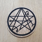 Laser cut wooden coaster personalised.  Arkham Horror Necronomicon symbol
