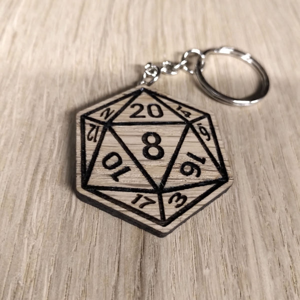 Lasercut wooden keyring keychain. role playing dungeon master D20 die dice