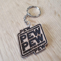Lasercut wooden keyring keychain. Pew Pun