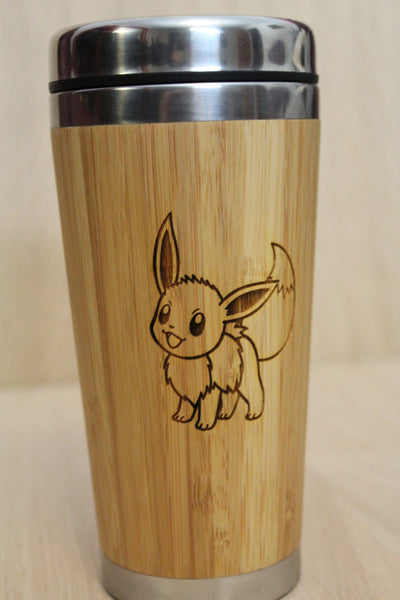 Lasercut Travel Mug personalised - S-Steel with 100% Bamboo exterior - Eevee