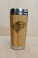 Lasercut Travel Mug personalised - S-Steel with 100% Bamboo exterior  -  House Stark