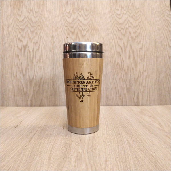Lasercut Travel Mug personalised - S-Steel with 100% Bamboo exterior - Coffee and Contemplation
