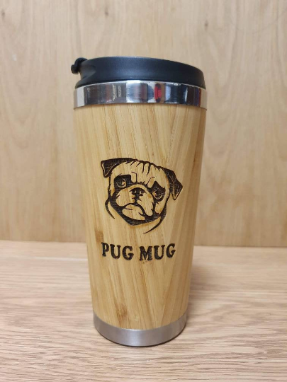 Lasercut Travel Mug - S-Steel with 100% Bamboo exterior - Pug Mug