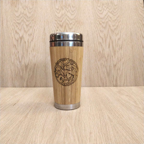 Lasercut Travel Mug personalised - S-Steel with 100% Bamboo exterior  -  House Targaryen