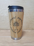 Lasercut Travel Mug personalised - S-Steel with 100% Bamboo exterior  -  LOTR Gondor Tree and Ring Inscription