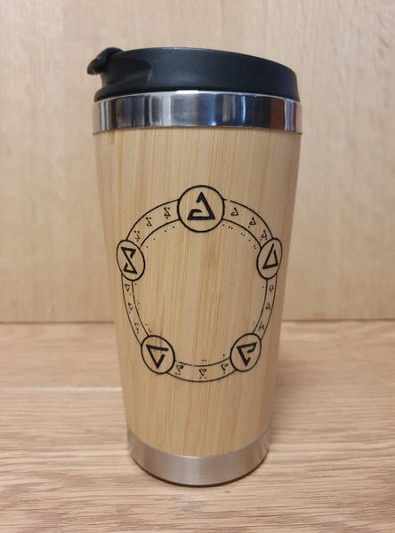 Lasercut Travel Mug personalised - S-Steel with 100% Bamboo exterior -  Witcher Runes