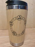 Lasercut Travel Mug personalised - S-Steel with 100% Bamboo exterior -  Witcher Runes