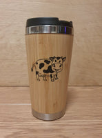 Lasercut Travel Mug personalised - S-Steel with 100% Bamboo exterior  -  Cute Cow