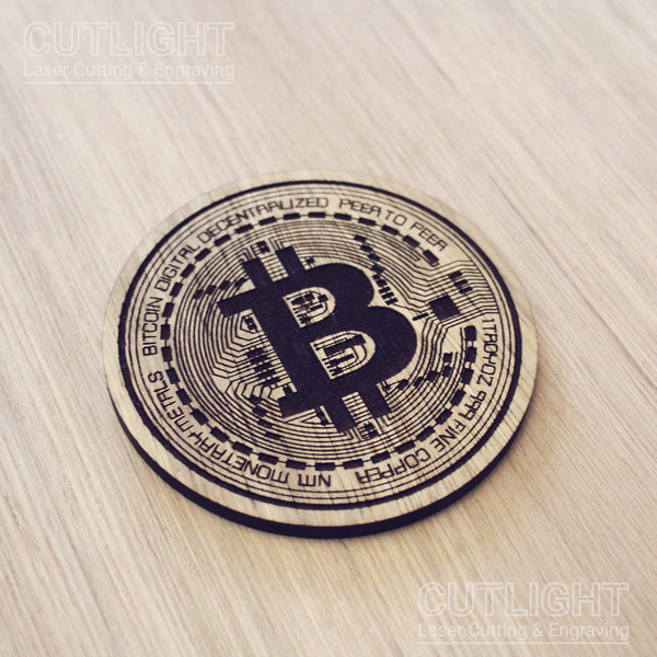 Laser cut wooden coaster. Bitcoin BTC Cryptocurrency  - Unique Gift lasercut