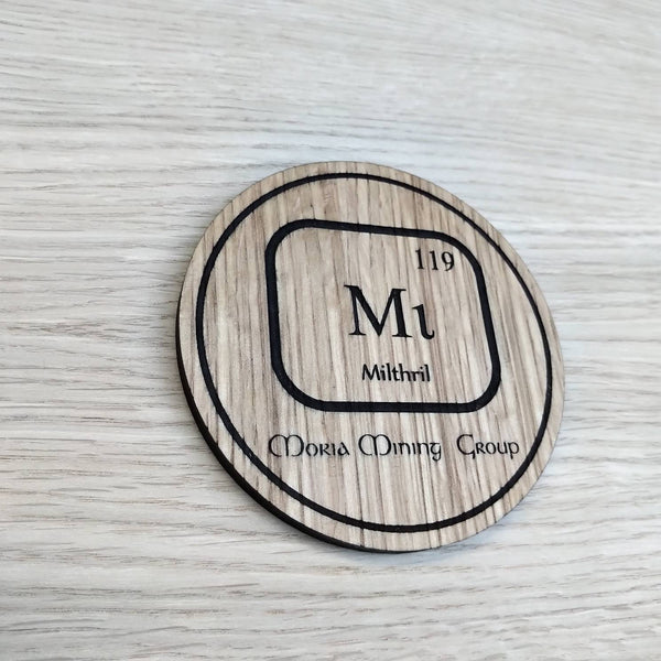 Laser cut wooden coaster. Lord of the Rings inspired LOTR Moria Mining Corp periodic table element chemical - Unique Gift lasercut