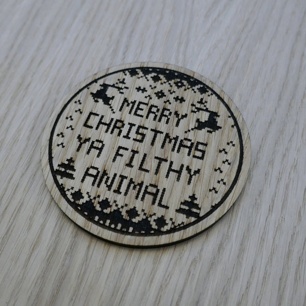 Laser cut wooden coaster. Home Alone Merry Christmas quote Unique Filthy Animal ugly sweater jumper - Christmas Gift lasercut