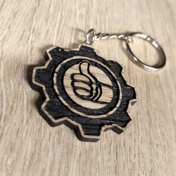 Lasercut wooden keyring keychain. Fallout vault thumbs up - Unique Gift
