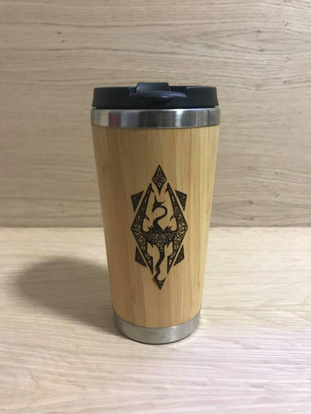 Lasercut Travel Mug   - Bamboo Eco Friendly  - Skyrim Dragon Celtic - Unique Gift