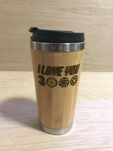 Lasercut Travel Mug   - Bamboo Eco Friendly  - Ironman I love you 3000 - Unique Gift