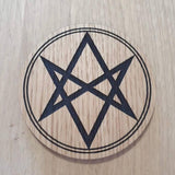 Laser cut wooden coaster. Aquarian Star Unicursal hexagram supernatural lasercut