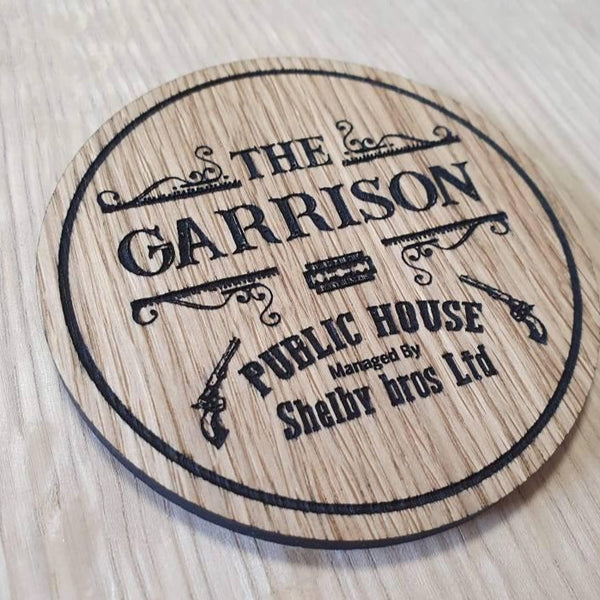 Laser cut wooden coaster. Garrison pub Shelby bros - Unique Gift lasercut