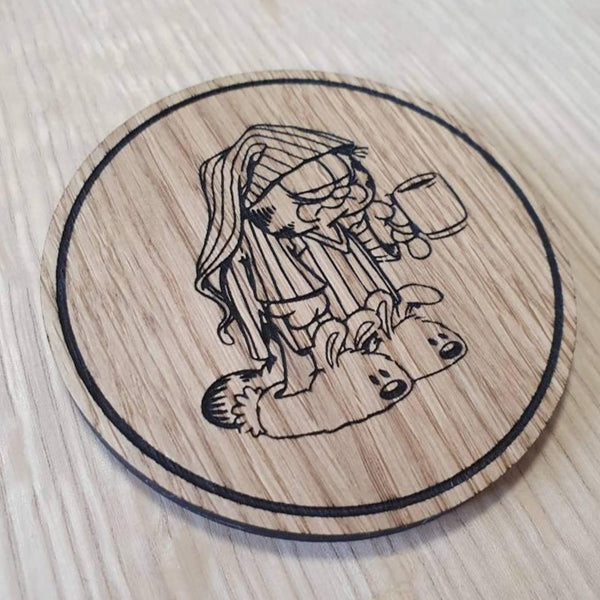 Laser cut wooden coaster. Ginger cat hates Monday&#39;s coffee and slippers - Unique Gift lasercut