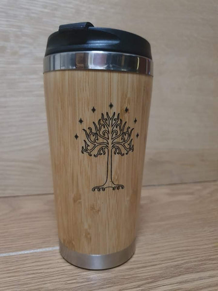 Lasercut Travel Mug personalised - S-Steel with 100% Bamboo exterior -  LOTR Gondor Tree