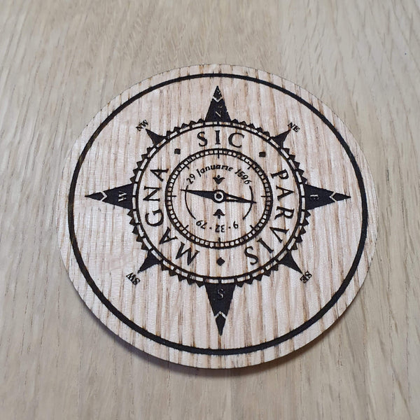 Laser cut wooden coaster personalised. sir francis drake magna sic parvis compass