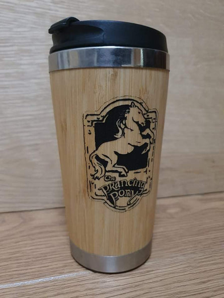 Lasercut Travel Mug personalised - S-Steel with 100% Bamboo exterior -  LOTR prancing pony
