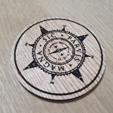 Laser cut wooden coaster personalised. sir francis drake magna sic parvis compass